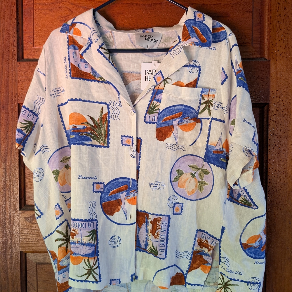 Paper Heart Tropical Print Linen Blend Shirt